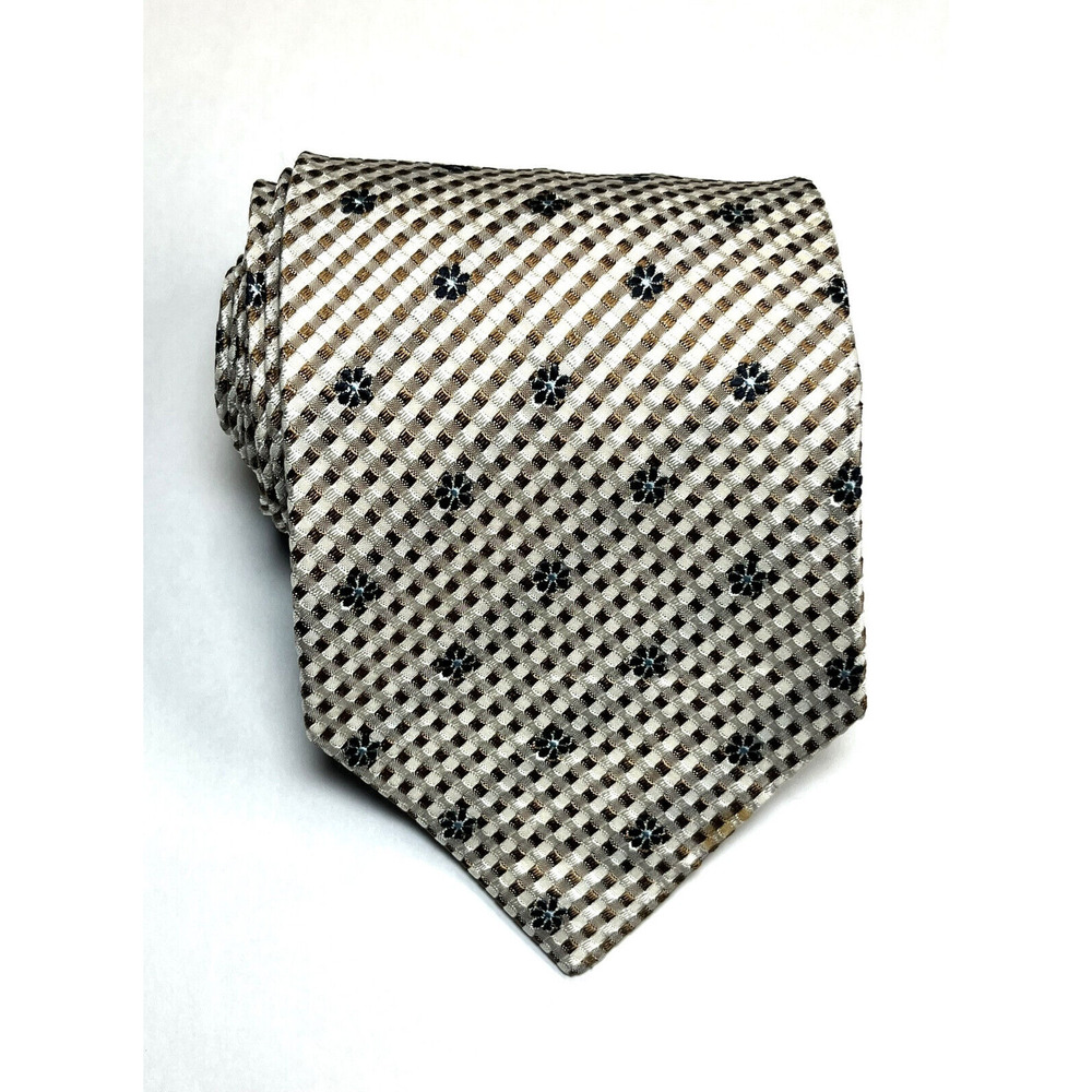 Gallieni 1889 Italian Jacquard Silk Mens Tie Geometric Flower Brown Beige Black